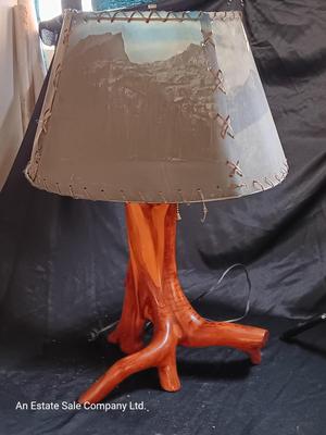 Beautiful working wood-based lamp with Colorado scenery shade