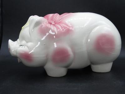 Large Antique Pottery Piggy Bank Pig with Pink Spots