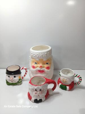 Vintage EMPIRE mold Santa cookie jar no lid with Three mugs Cookies & Milk!