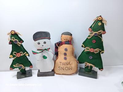 Cloth trees with Button decor, Think snow snowman vintage looking and a wooden snowman