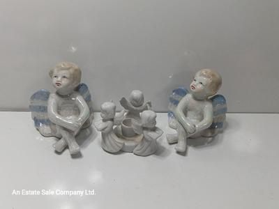 Two Vintage Gorgeous Iridescent Rainbow Angels and a trio of Angels candle holders