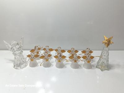 Clear plastic Angel light covers with Angel candle holder and Vintage glass tree bottle