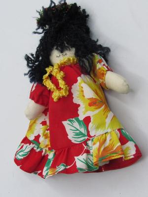 Small Hand Crafted Stuffed Doll in Hawaiian Luau Floral Attire