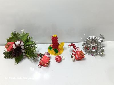 Vintage plastic greenery / decorative florals Candy Cane with candle made of beads.