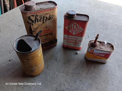 Four vintage metal tins - Gas measure - Neats foot oil tins and Lock ease oil tin