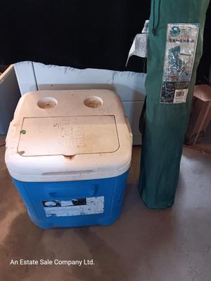 Camping cooler and folding chair with cover