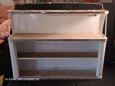 Vintage enamel / tin wall hanging spice shelf.