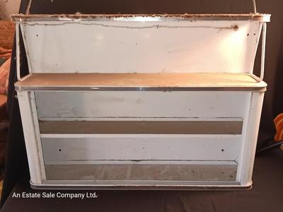 Vintage enamel / tin wall hanging spice shelf.