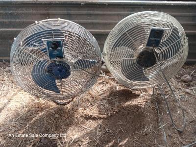 Two metal guard steel framed free standing electric fans