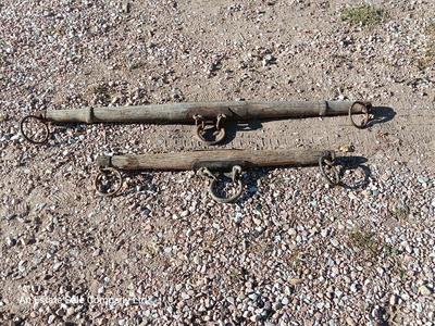 Horse eveners, old wood single trees, primitive antique iron rings