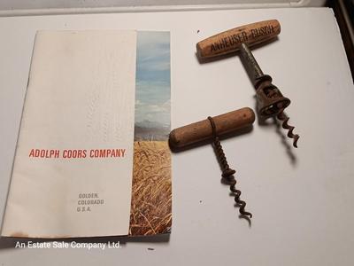 Antique Anheuser Busch and Otto Frey cork screws with Coors glass bottles and booklet