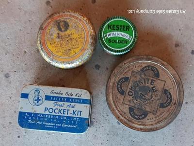 Vintage metal chemical tins - first aid kit - kester solder - and others