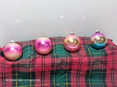 Four multicolored Shiny Brite Glass ornaments