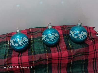 Three blue Shiny Brite ornaments with Doves