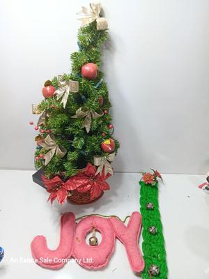 Vintage flat backed tree in a basket with handmade JOY and macramÃ© like bells