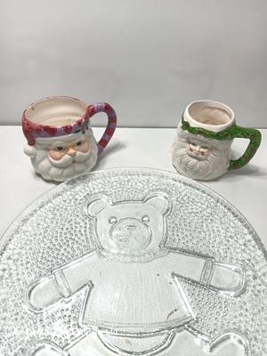 Two Santa head mugs and a Teddy bear platter - Cookies and Milk please!