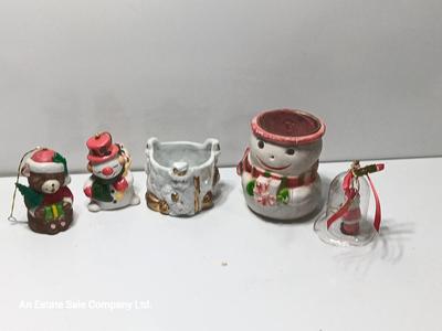 Vintage Christmas Decor - Snowmen candle holders and bells
