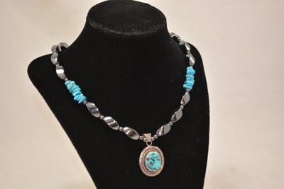 Heavy 925 Sterling & Turquoise Necklace w/ Hematite 26" 101.3g