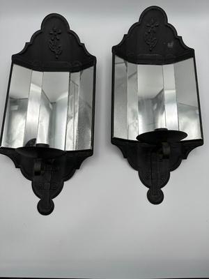 Pair of Black Metal & Mirror Independence Hall Style Sconces (2)