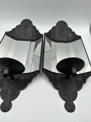 Pair of Black Metal & Mirror Independence Hall Style Sconces (2)