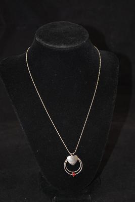 925 Sterling Chain & Heart Pendant w/ Garnet 18.5" 3.2g