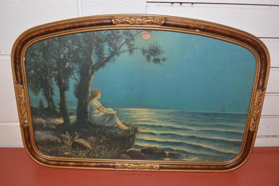 Antique Art Deco Moon & Sea Print Great Frame