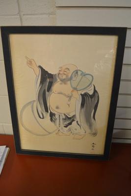 Shunho Brush, Hotei Drawing on Silk Framed 26"X20"