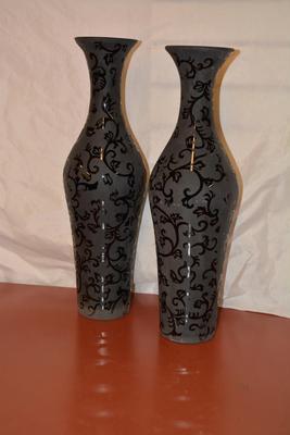 Etched Black Glass Matching Vases 19.5