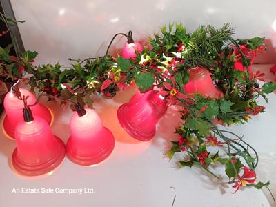 Vintage Working Red bell lights with plastic garland Holly