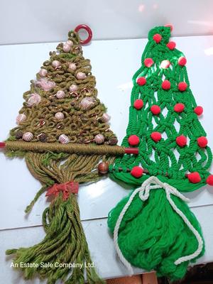 Two vintage macramÃ© hanging trees