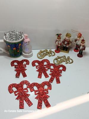 Christmas mug with glittery candy canes, merry Christmas and nutcracker ornaments USB color change snowman