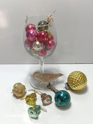 Wine glass with Antique Mercury glass ornaments - bells - bird - and more