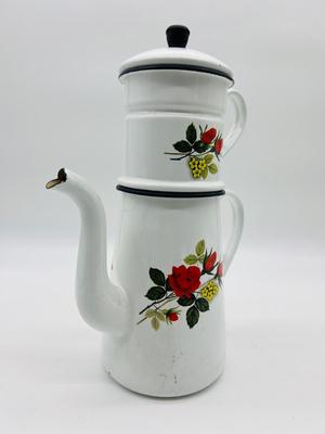 Vintage Enamel Coffee Pot With Rose Design
