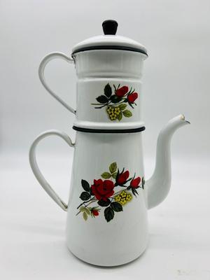 Vintage Enamel Coffee Pot With Rose Design