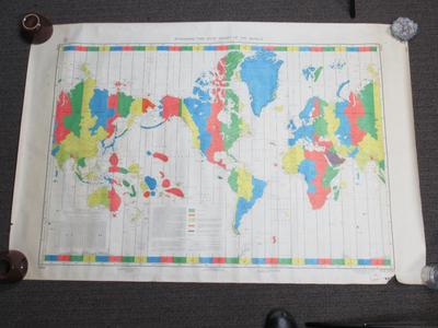 Large Vintage U.S. Naval Oceanographic Track Chart of the World & Standard Time