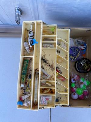 FOLD OUT TACKLE BOX WITH A VARIETY OF TACKLE