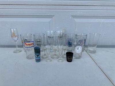 AN ASSORTMENT OF BEER, WINE AND SHOT GLASSES