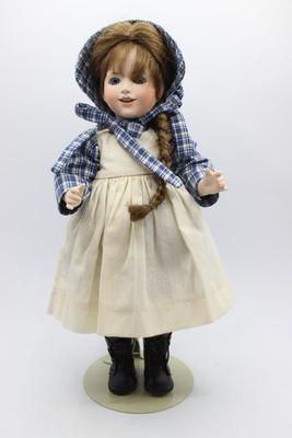 Vintage Doll Plaid top and bonnet cream jumper large curl porcelain face