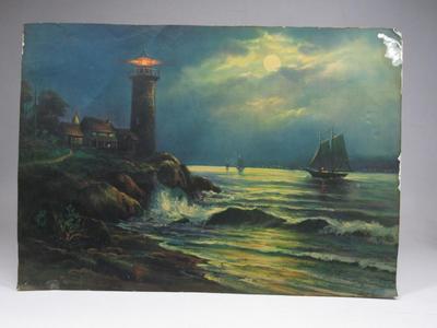 Vintage print Lighthouse Ocean Sea Waves Sailing Ship Moonlight Cliffs