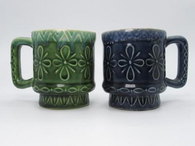 Pair of Retro Japanese Ceramic Drip Glaze MCM Green & Blue Drinking Mugs