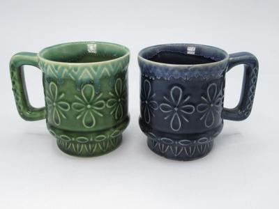 Pair of Retro Japanese Ceramic Drip Glaze MCM Green & Blue Drinking Mugs