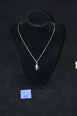 925 Sterling Silver Box Chain with 925 Diamond Chip & Sapphire Pendant 18â€, 7.2g
