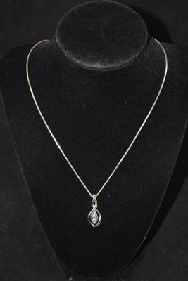 925 Sterling Silver Box Chain with 925 Diamond Chip & Sapphire Pendant 18â€, 7.2g