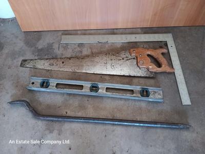 Hand saw - Level - pry bar and a Square