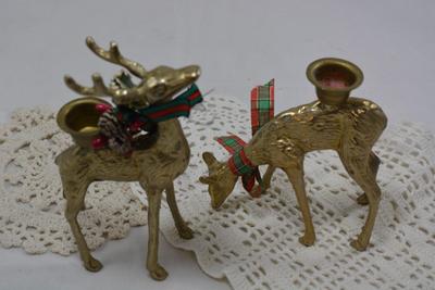 Set of 2 Solid Brass Reindeer Candlesticks 5.75â€ & 4.5â€