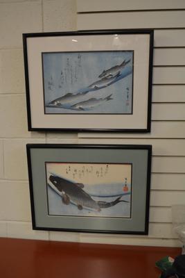 Set of 2 Ando Hiroshige Framed/Matted Prints Carp & Salmon 21â€x16â€