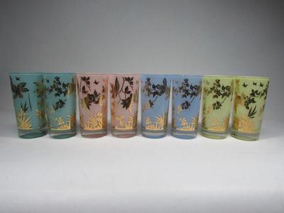 Lot of Vintage Mid Century William A. Meier Glass Pastel Gold Foliage Highball Glass Tumblr Drinking Glasses