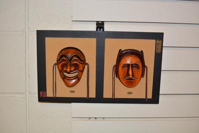 Vintage Traditional Korean Hand Carved Masks w/ Brass Plates