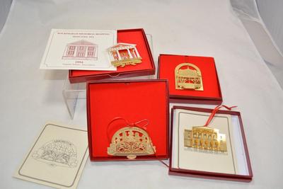 Lot of 4 Local Interest Gold Metal Christmas Ornaments with Box