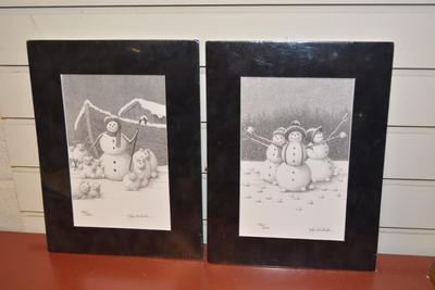 Lot of 2 Local Artist Ken Schuler Signed, Numbered, & Matted Snowman Prints Sealed 12â€X9â€